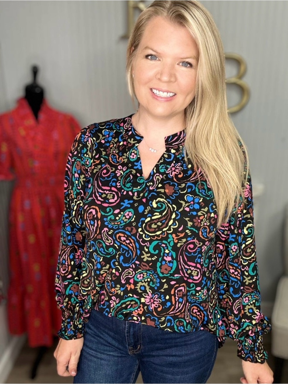 Paisley-Print Long Sleeve Blouse in Multicolor on Black